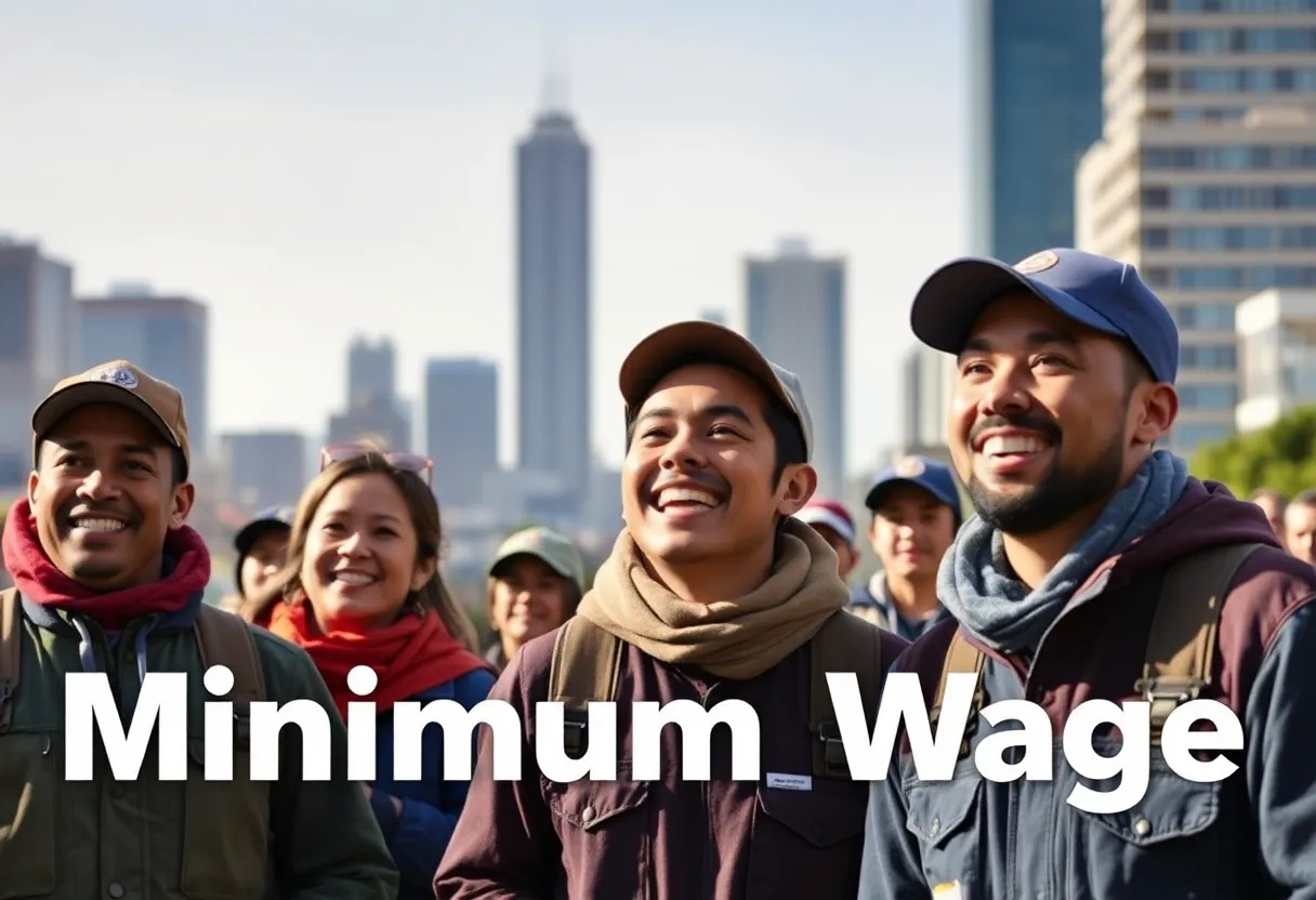 Workers celebrating California's minimum wage increase