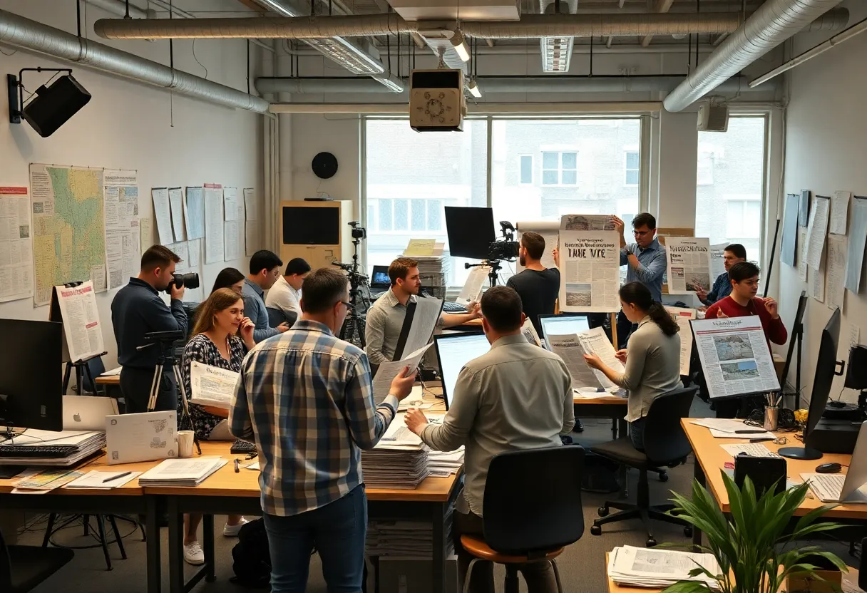 Journalists in a California newsroom preparing for the launch of a new daily newspaper.