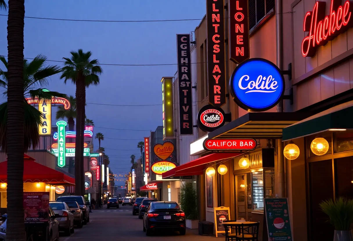 A street view of California nightlife showcasing restaurants and bars.