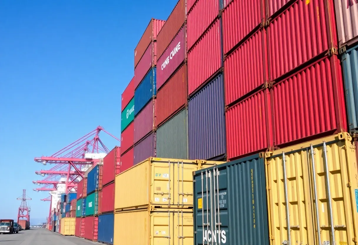 Busy California port with shipping containers and cargo ships