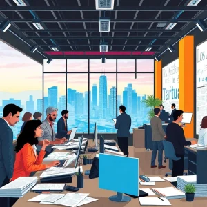 Vibrant newspaper office in Los Angeles with journalists at work