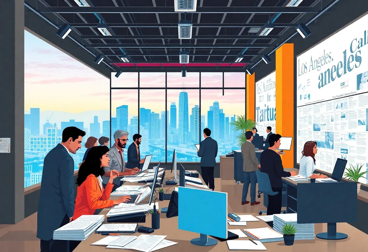 Vibrant newspaper office in Los Angeles with journalists at work