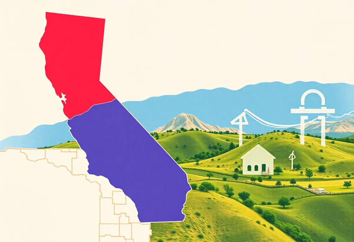 Illustration of California's congressional maps with political symbols
