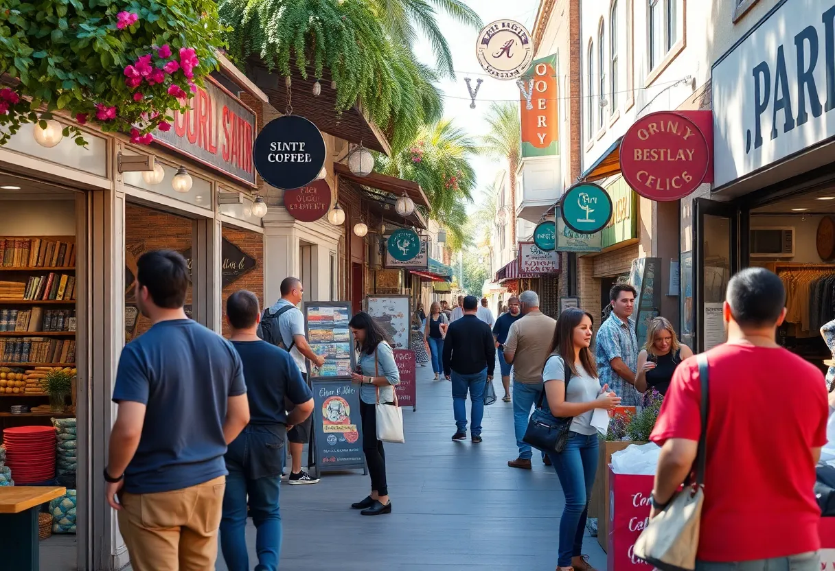 A busy small business area in California with shops and entrepreneurs.