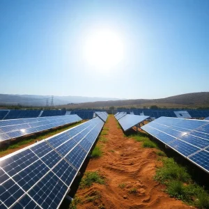 A beautiful depiction of solar panels in California with a bright sun in the background.