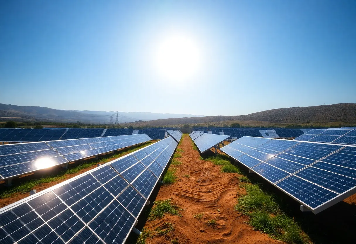 A beautiful depiction of solar panels in California with a bright sun in the background.