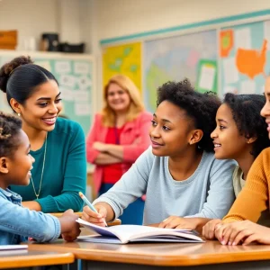Diverse teachers in a classroom working with students