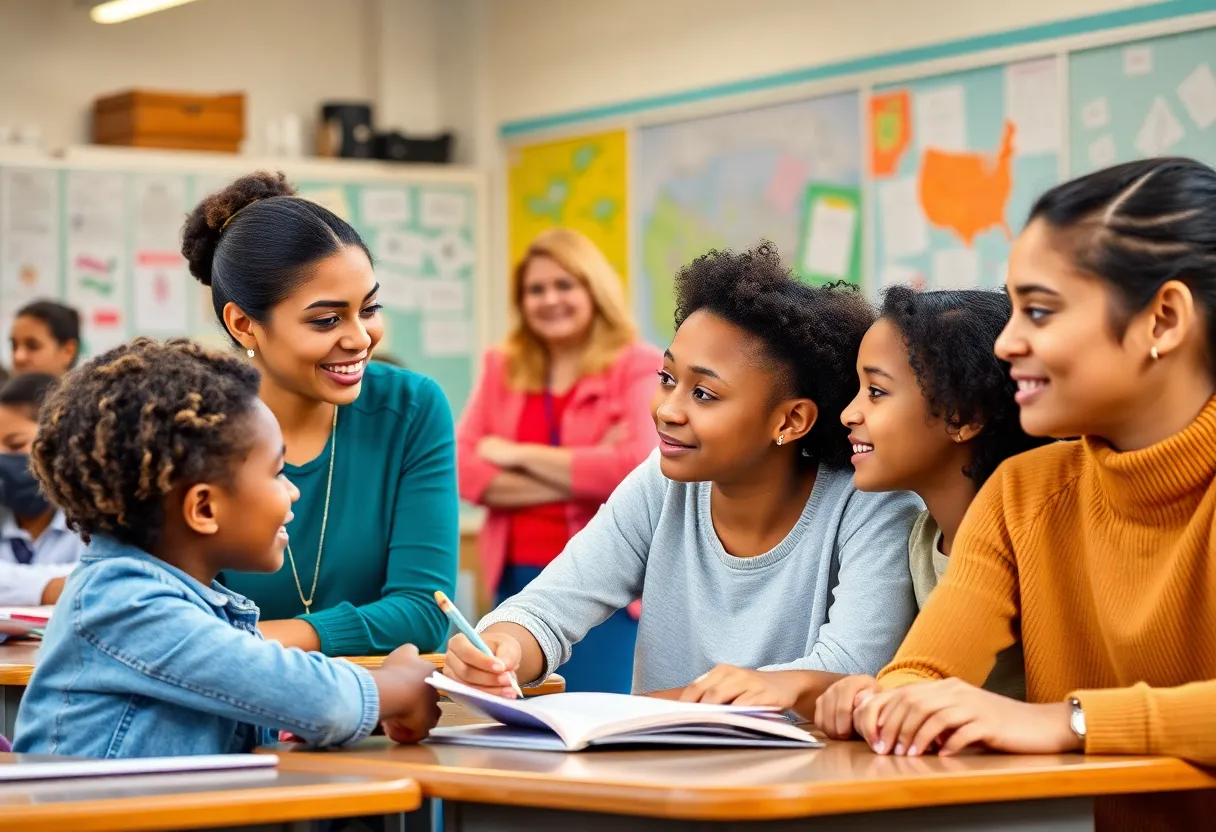 Diverse teachers in a classroom working with students