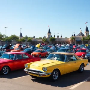 Gathering of cars and enthusiasts at the Cars and Coffee event in Anaheim
