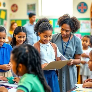 Students and teachers collaborating in a colorful classroom.