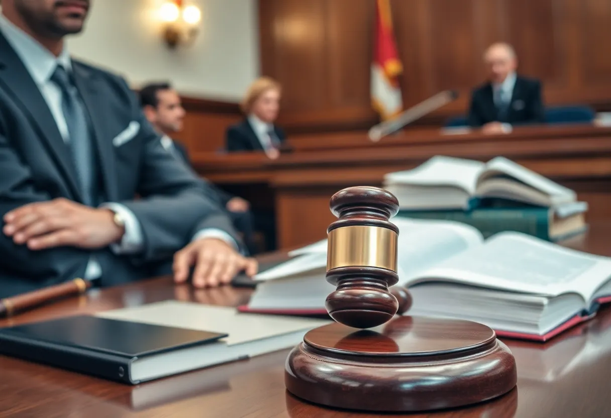 A courtroom setting during a copyright infringement lawsuit.