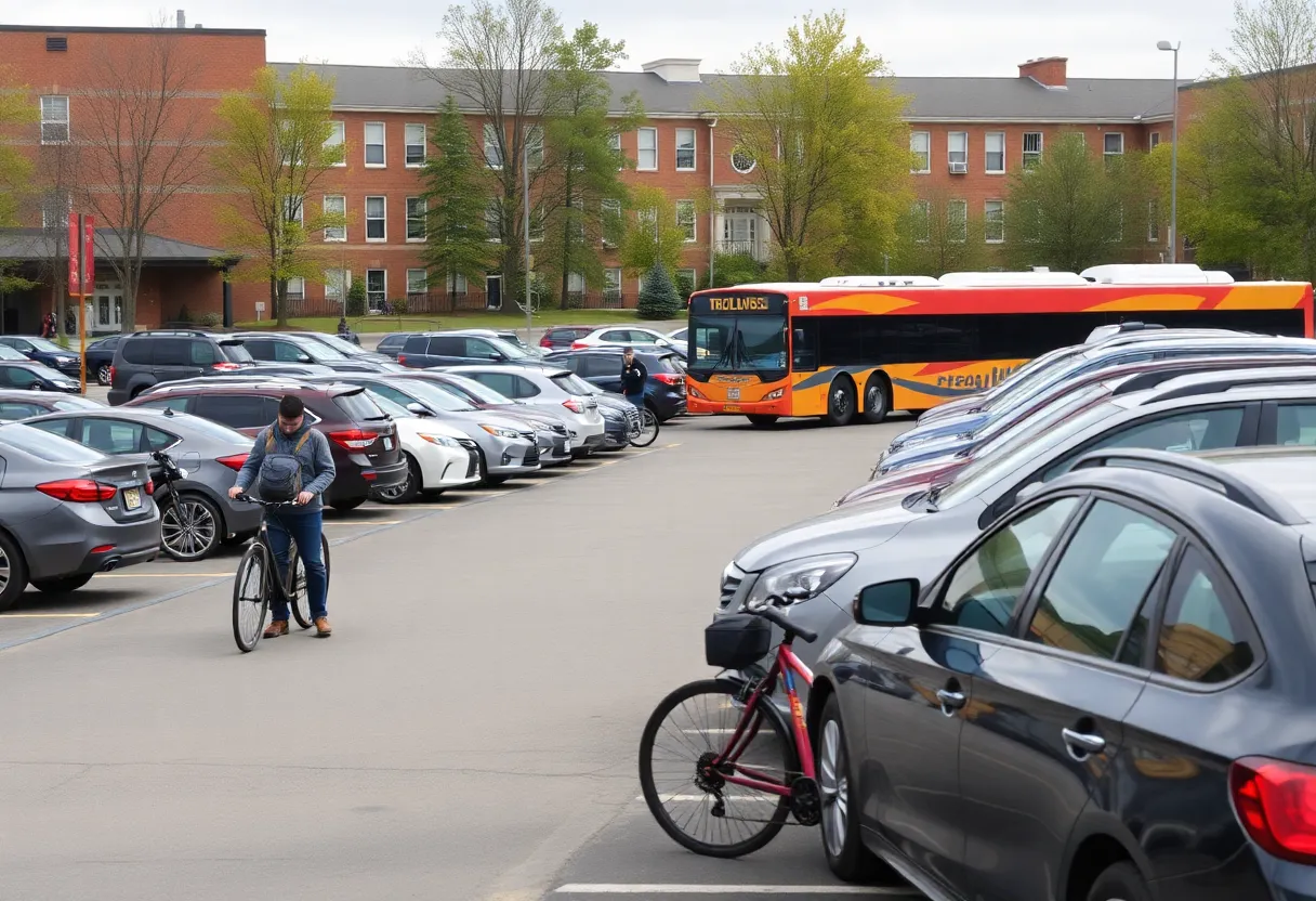 Busy CSULB parking lot with students using various transportation options