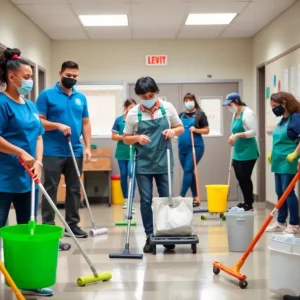 Custodial staff working diligently to maintain school cleanliness.