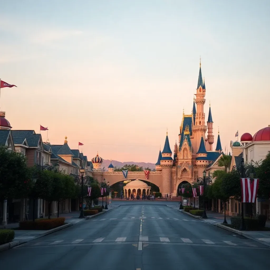 Empty Disneyland street at dawn with Sleeping Beauty Castle in view