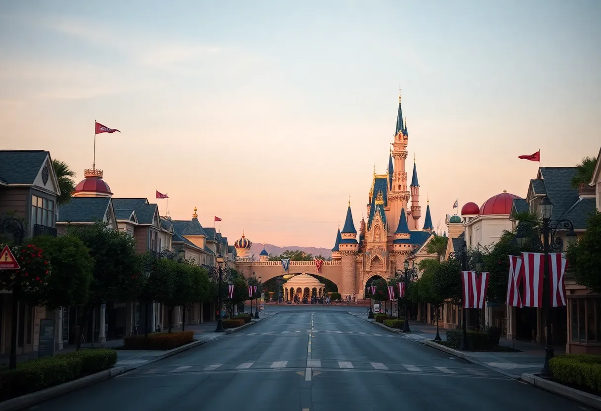 Empty Disneyland street at dawn with Sleeping Beauty Castle in view