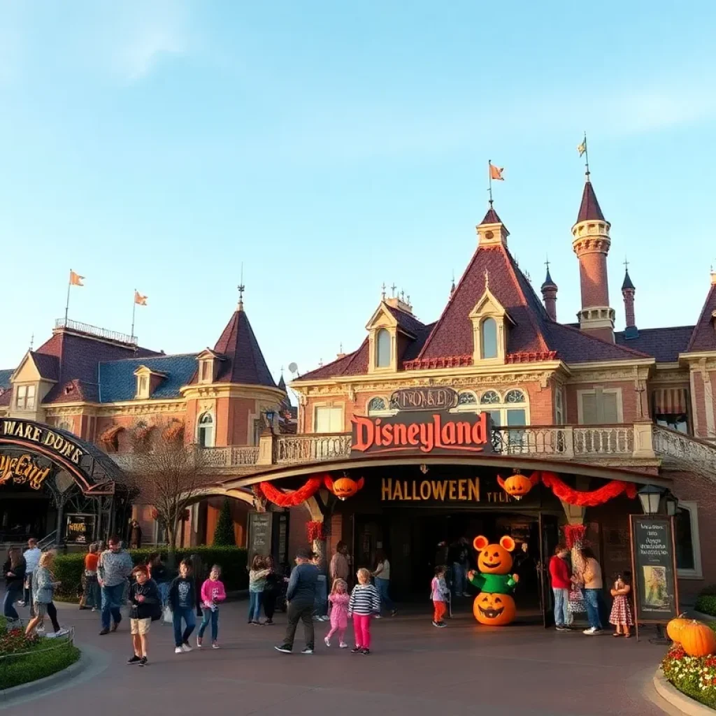 Families enjoying Disneyland with Halloween decorations