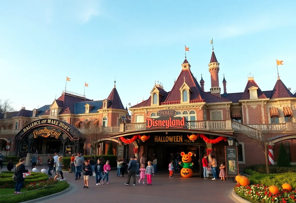 Families enjoying Disneyland with Halloween decorations