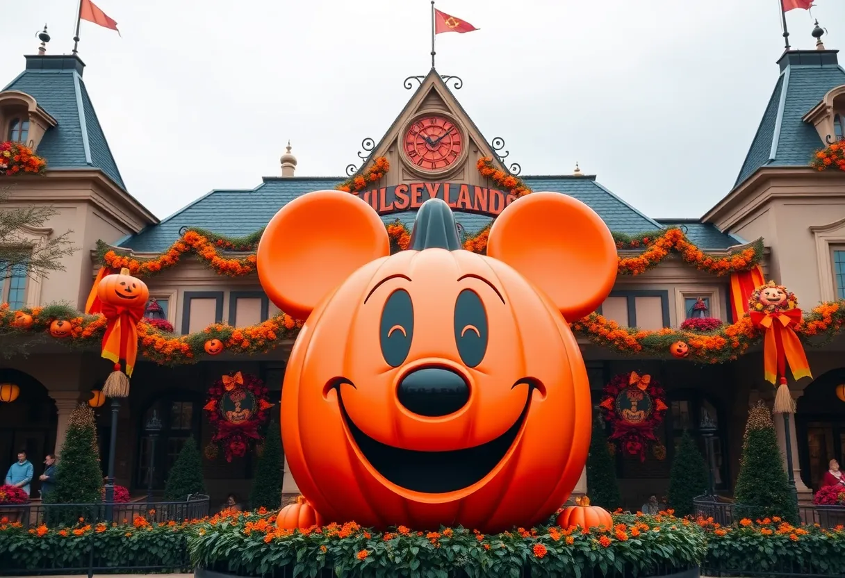Entrance to Disneyland during Halloween Time with a giant Mickey Mouse pumpkin and Halloween decorations.