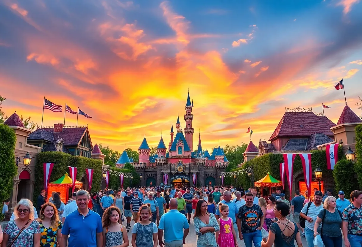 Families enjoying Disneyland with iconic attractions in view