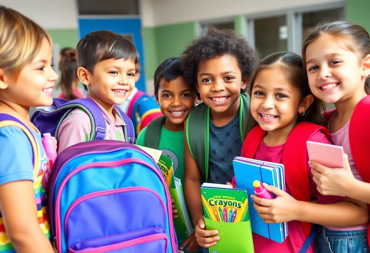 Children receiving school supplies at a Disney event