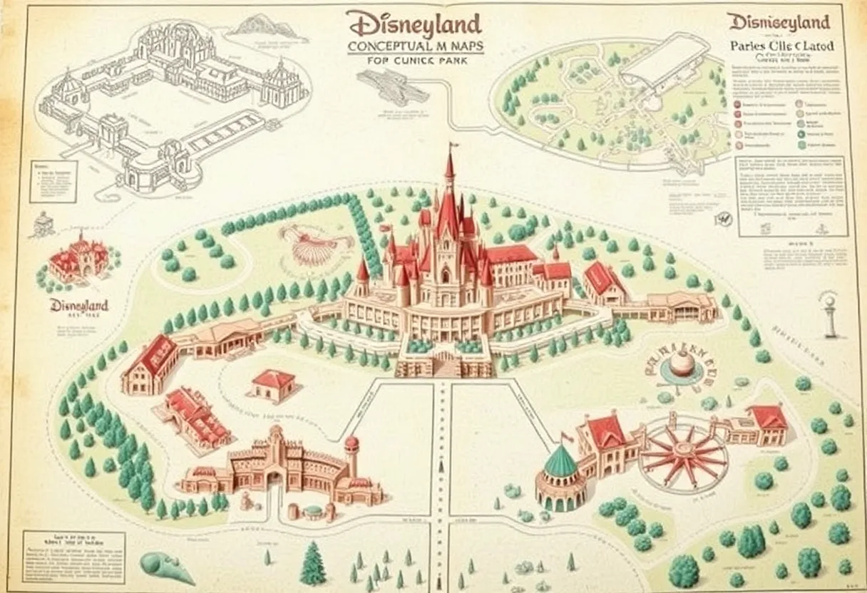 Conceptual maps of Disneyland from the 1950s, showcasing imaginative attractions.