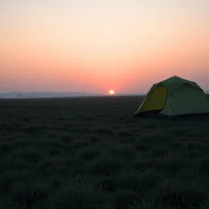 An empty field at dawn with a tent in the background