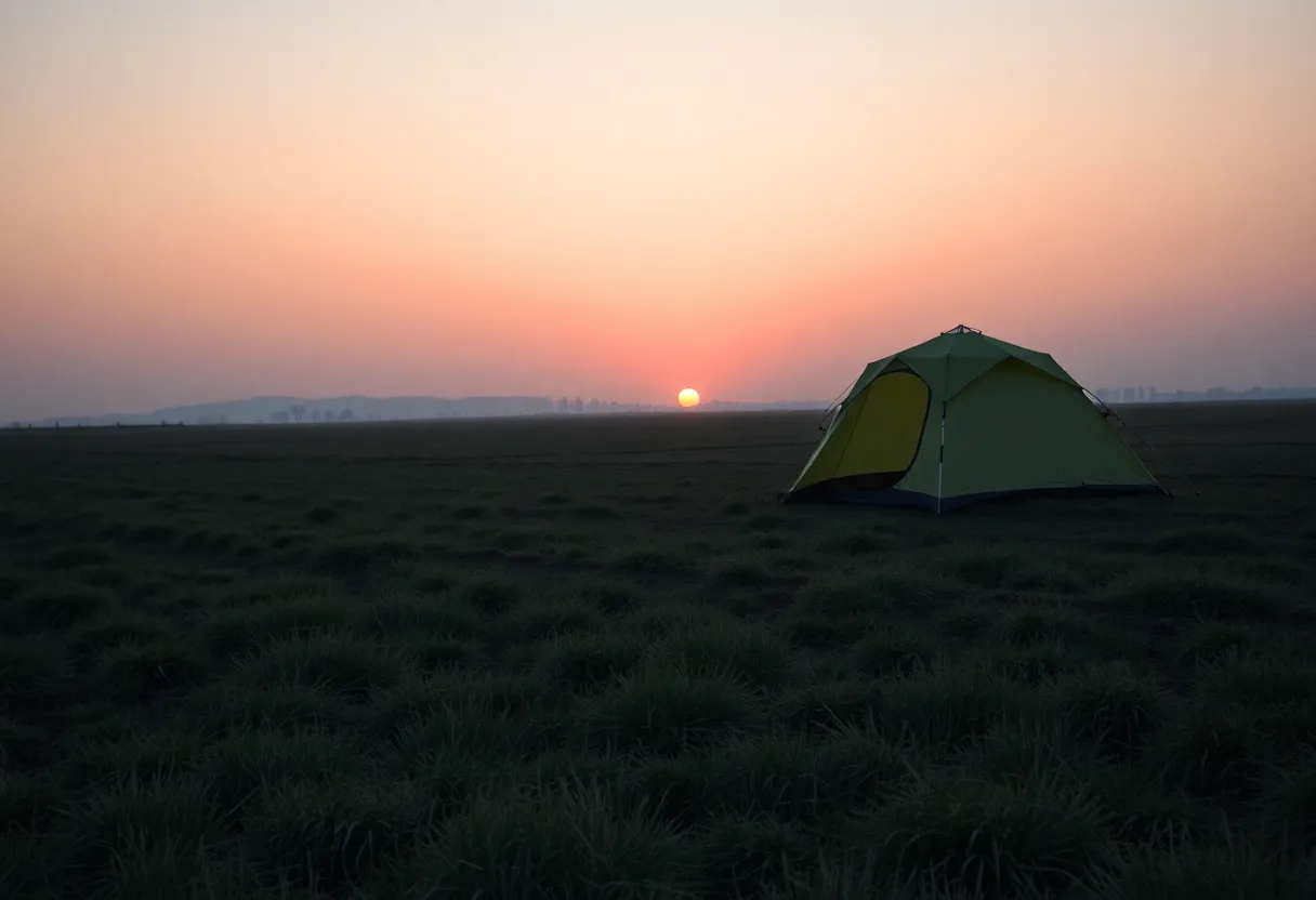 An empty field at dawn with a tent in the background