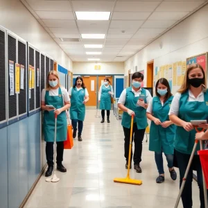 Image depicting dedicated custodians and school staff working together in a school setting