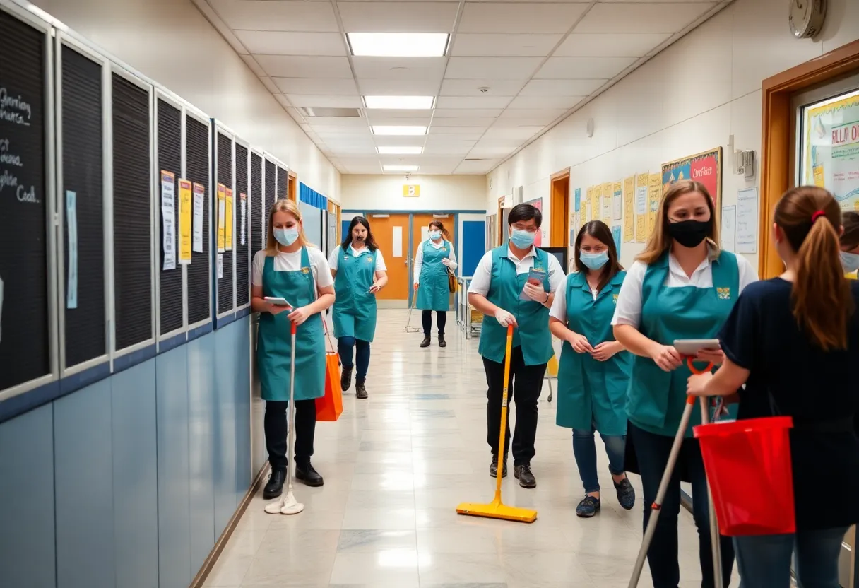 Image depicting dedicated custodians and school staff working together in a school setting
