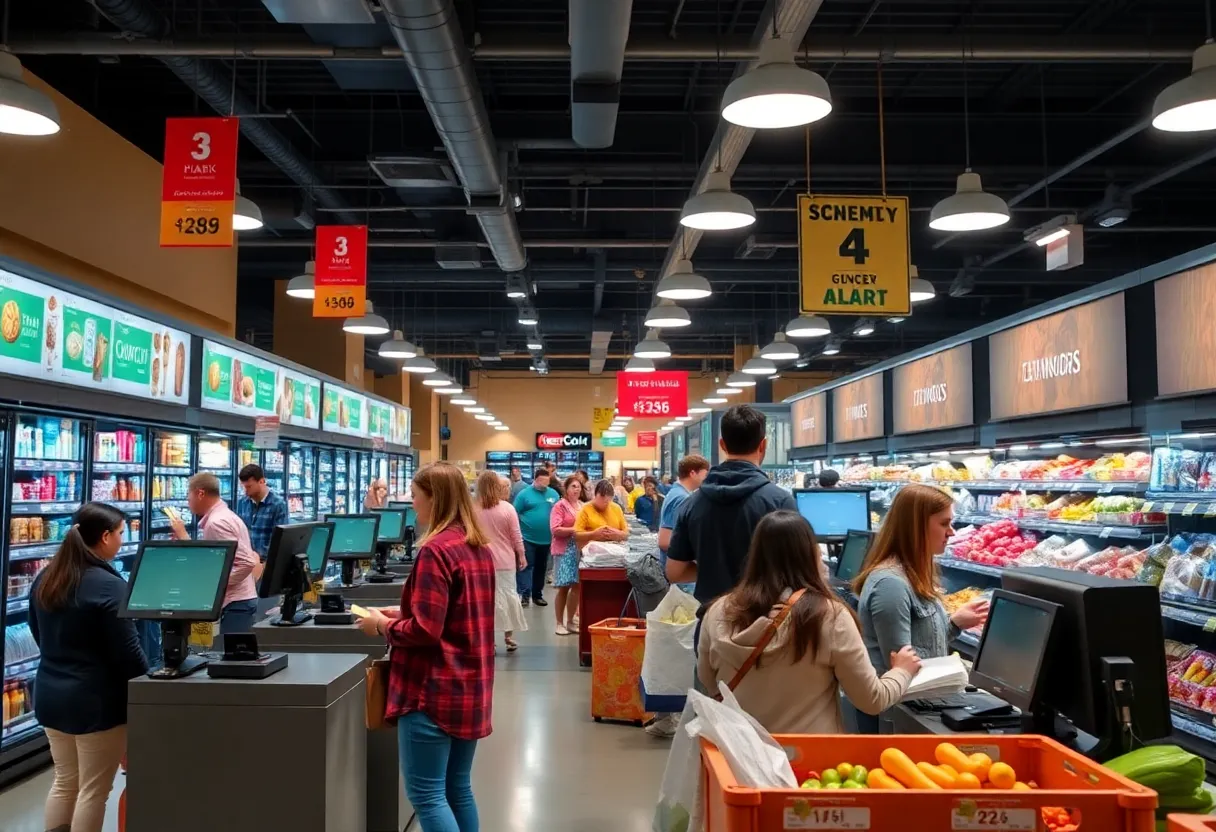 Self-checkout lanes in a grocery store with staff assistance