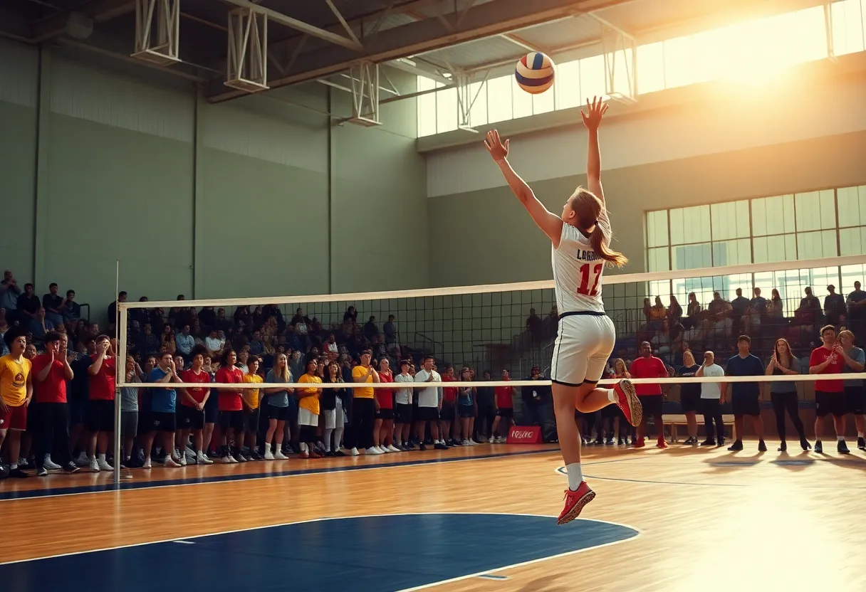 Volleyball player spiking the ball on court