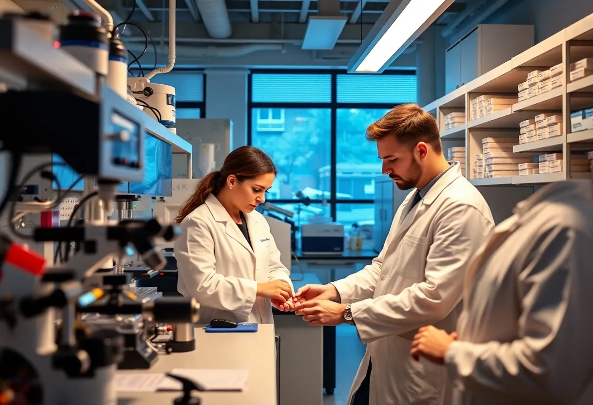 Scientists collaborating in a biotechnology lab focused on CAR T-cell therapy research.