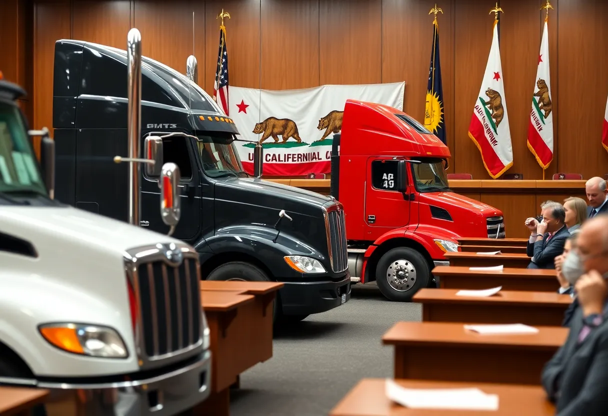 Courtroom scene illustrating the lawsuit over California's truck emissions regulations.
