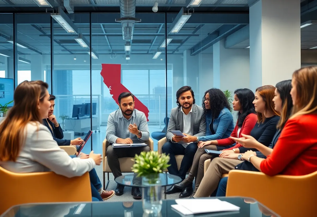 Discussion about technology and politics in California within a modern office