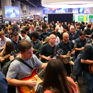 Crowd at NAMM Trade Show in Anaheim with musical instruments