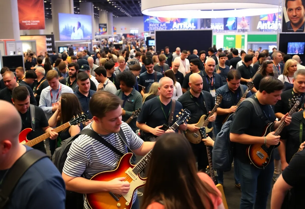 Crowd at NAMM Trade Show in Anaheim with musical instruments