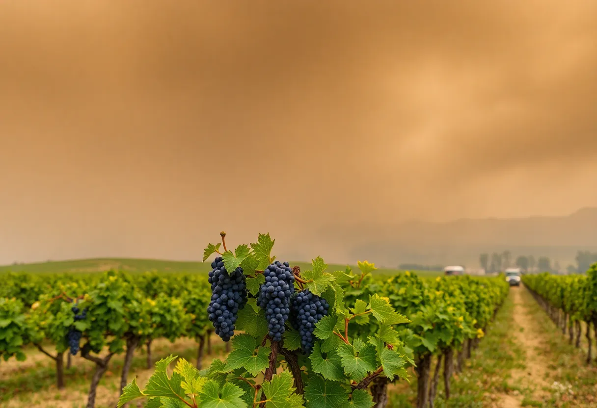 Vineyard in Napa Valley with smoky skies from a wildfire