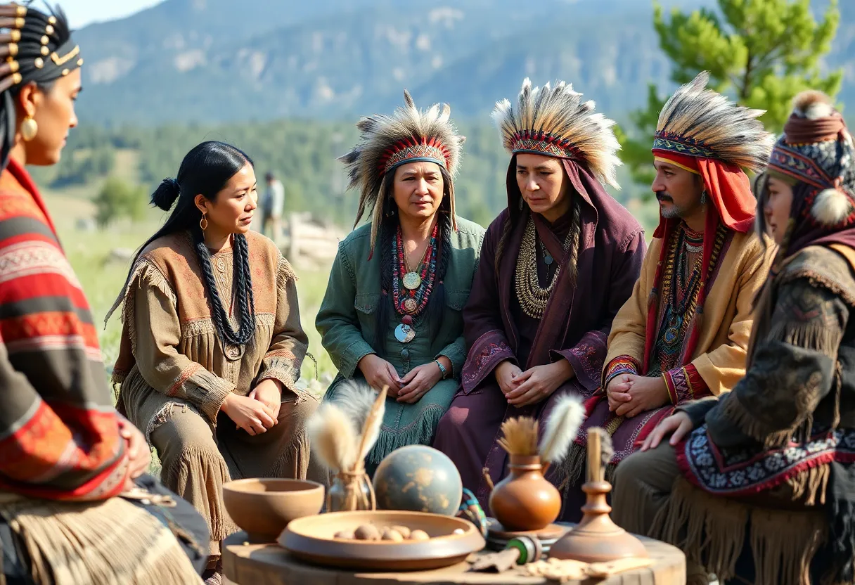 Diverse Native American individuals in a discussion about heritage.