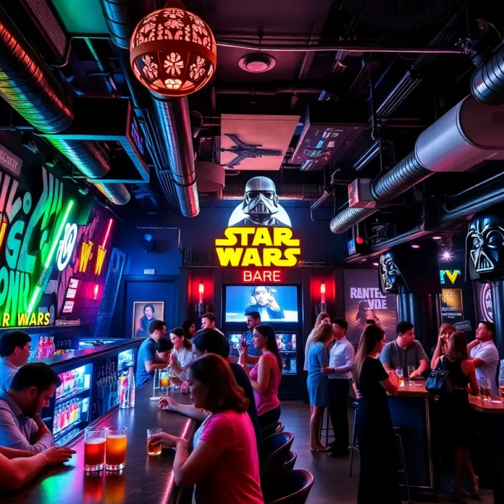 Interior of Oga's Cantina at Disneyland with colorful decor and guests socializing