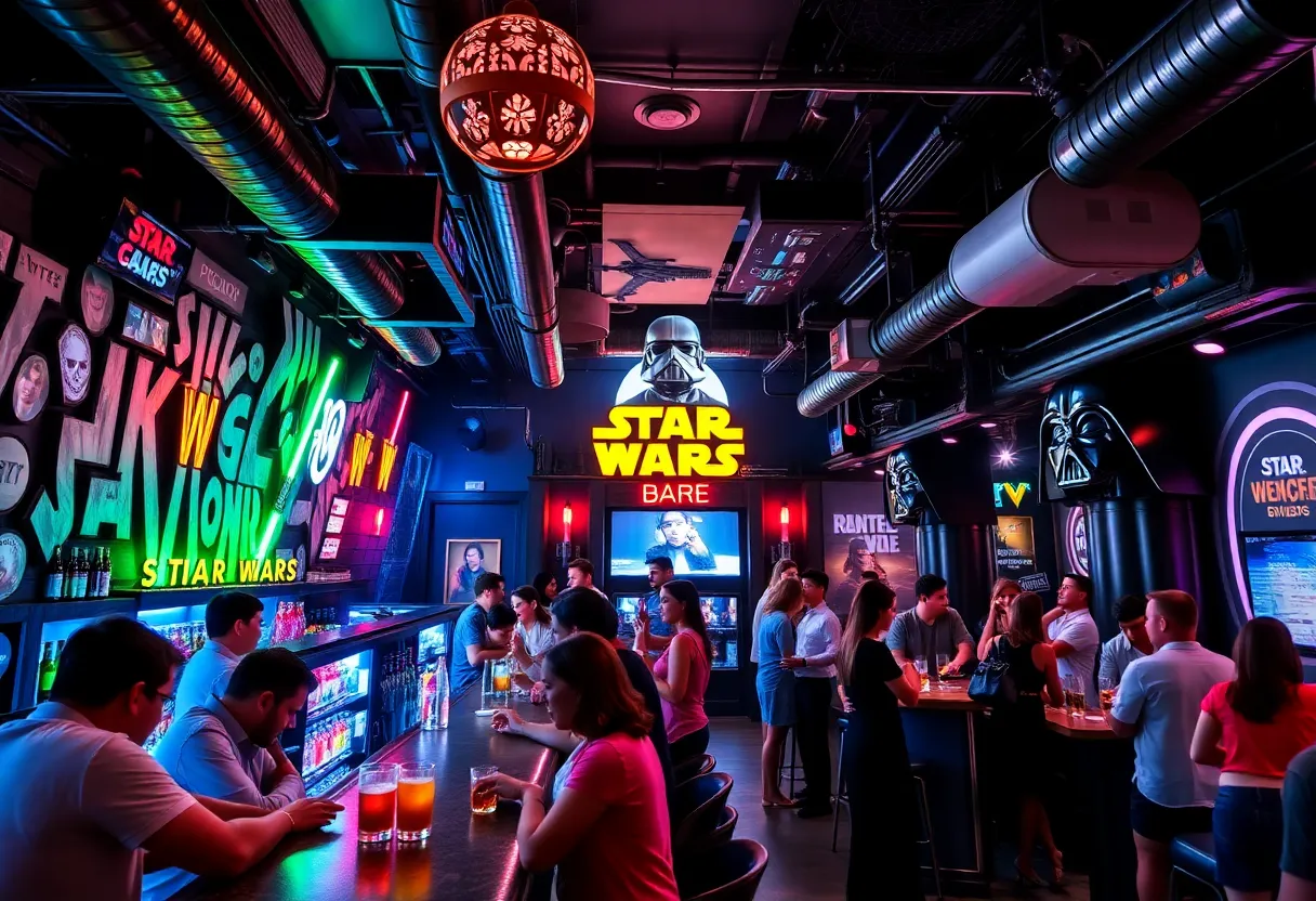 Interior of Oga's Cantina at Disneyland with colorful decor and guests socializing
