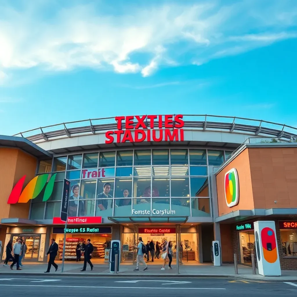 Pique at Angel Stadium with retail shops and Tesla charging stations