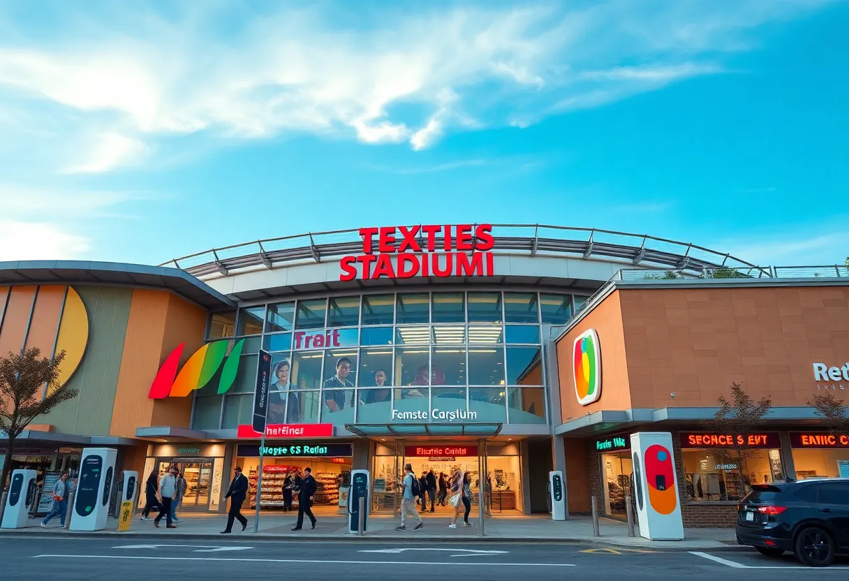 Pique at Angel Stadium with retail shops and Tesla charging stations