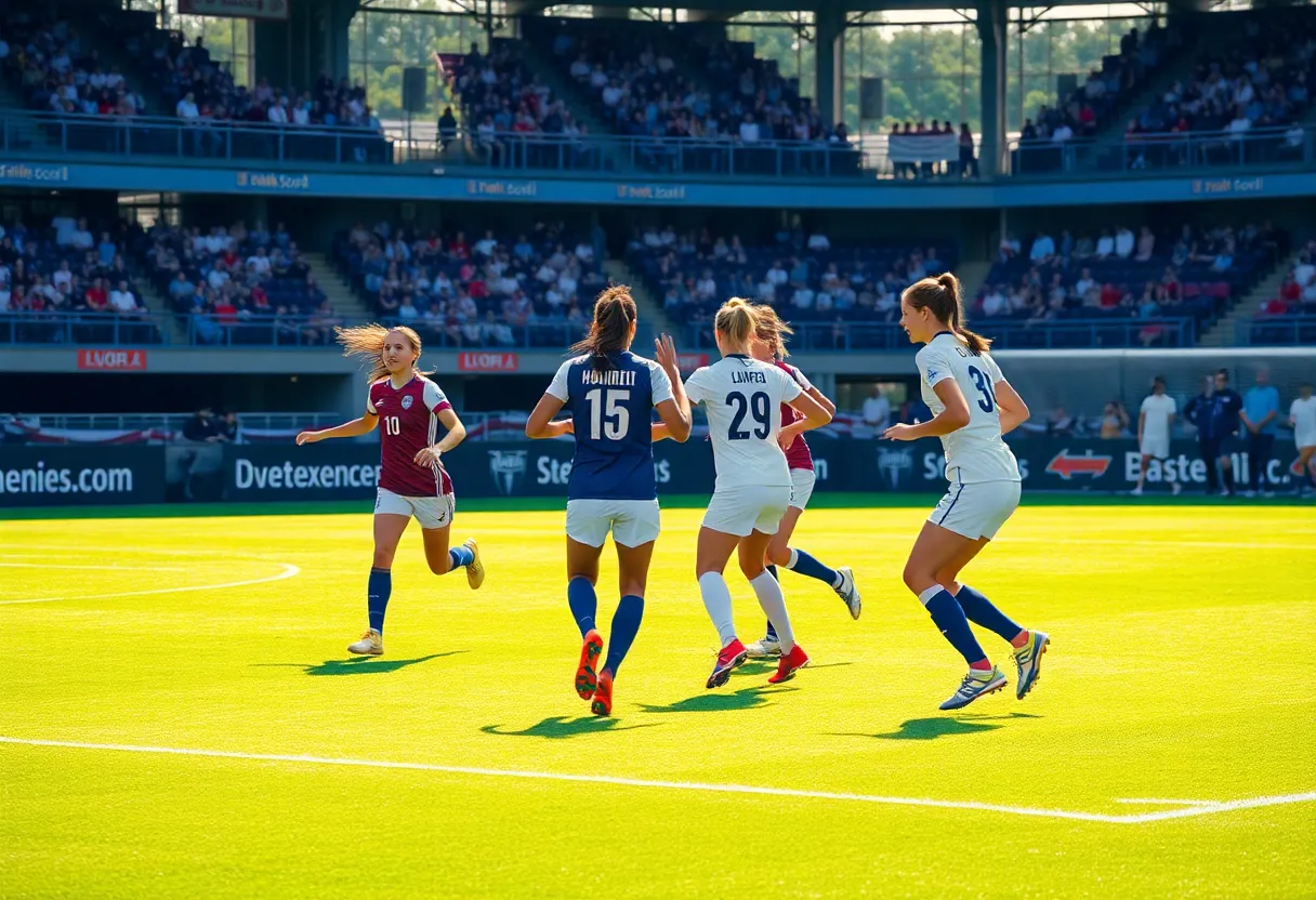 Pitt women's soccer team celebrating a goal during a match