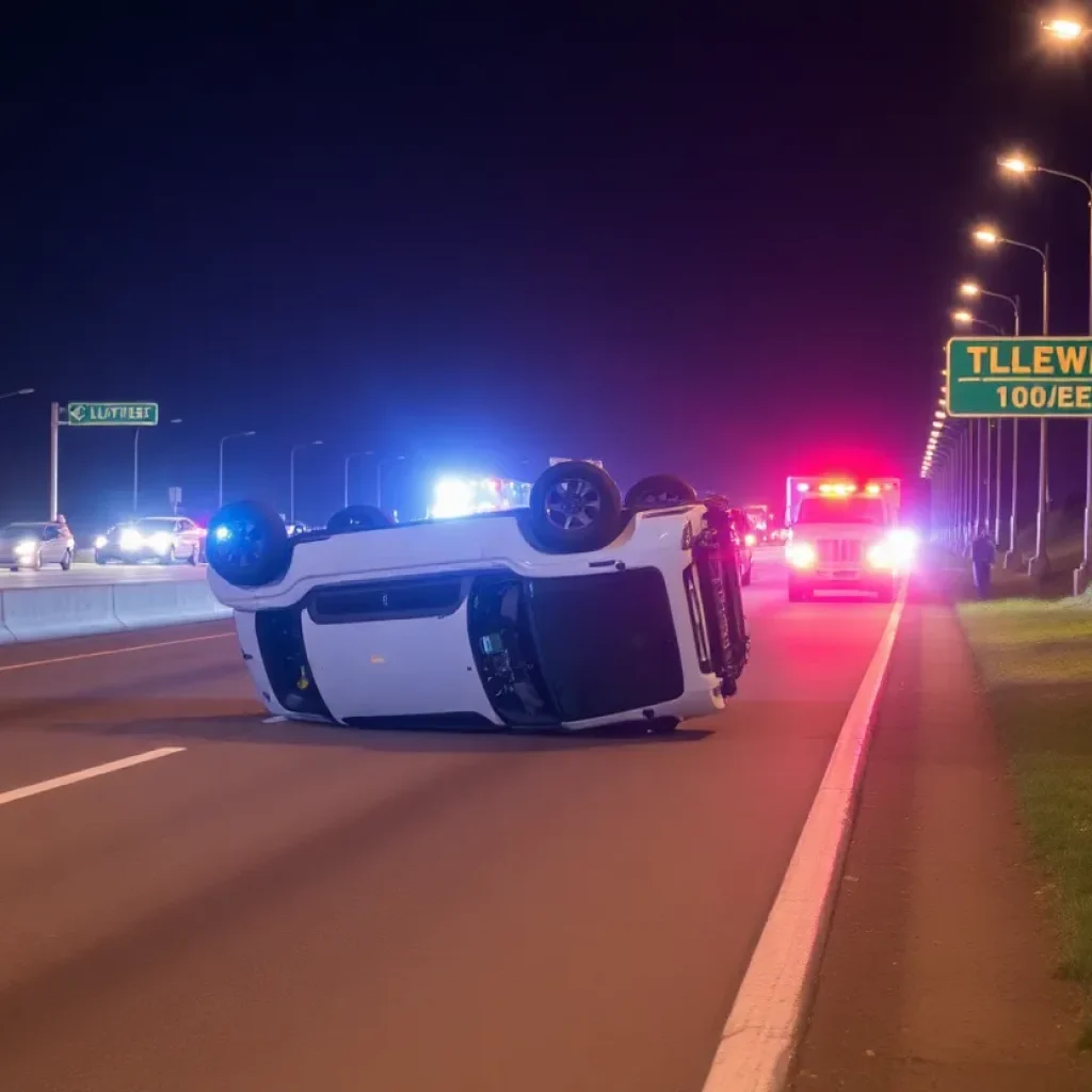Emergency responders at the scene of a rollover crash on the freeway