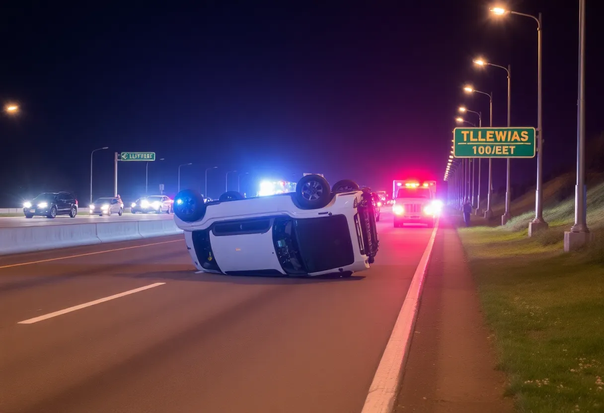 Emergency responders at the scene of a rollover crash on the freeway