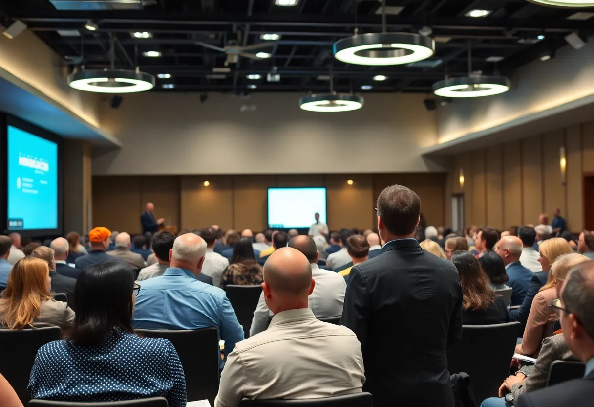 Safety professionals engaged in a conference discussion.