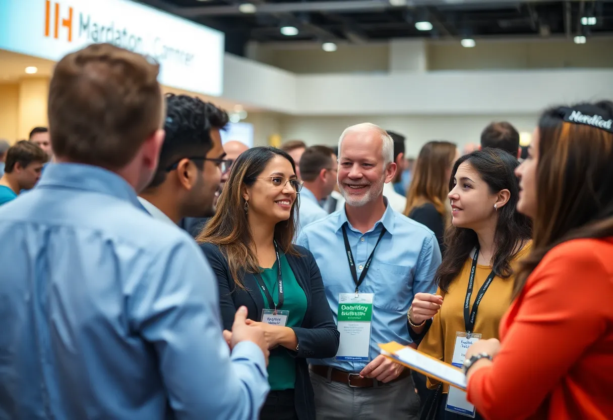 Diverse professionals discussing safety topics at a conference.