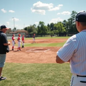 A view of the San Diego State baseball field with coaches and players in action.