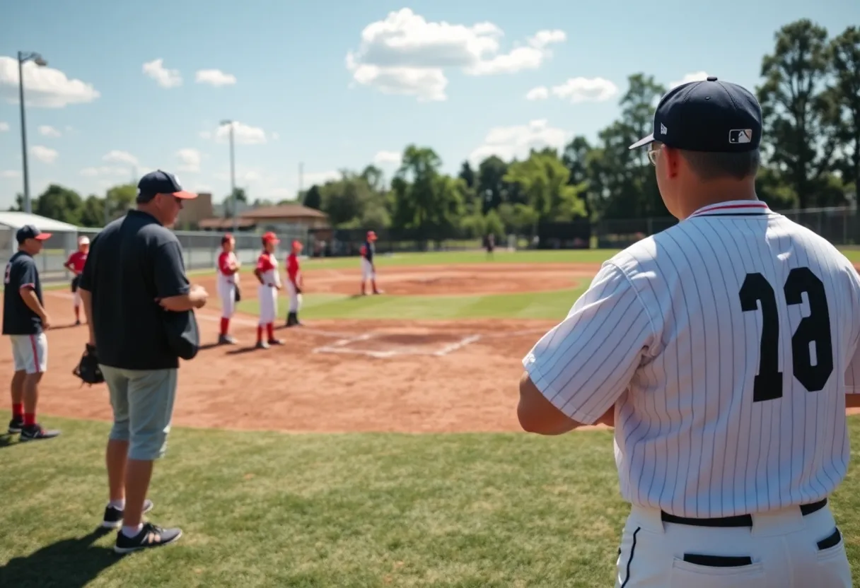 A view of the San Diego State baseball field with coaches and players in action.