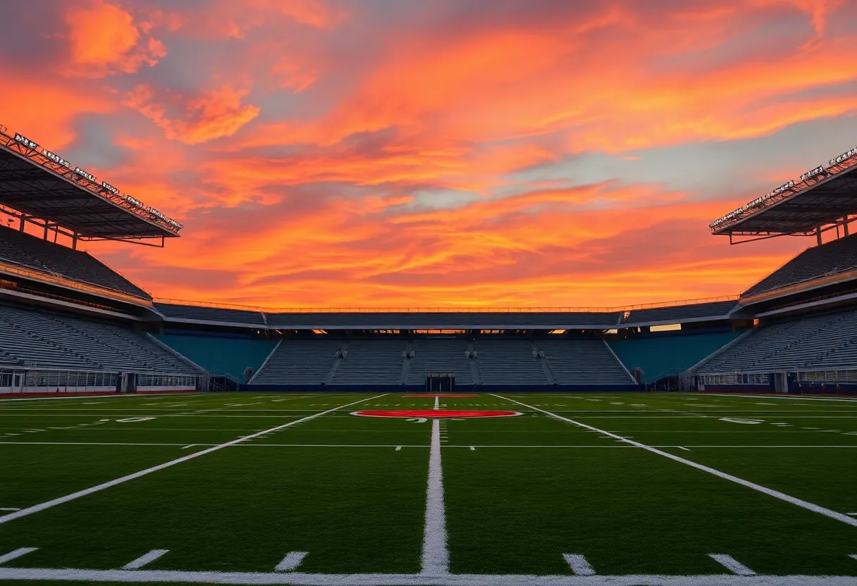 Empty football stadium at sunset with vibrant colors